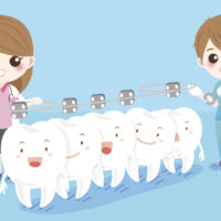 cute cartoon dentist with white tooth and brace